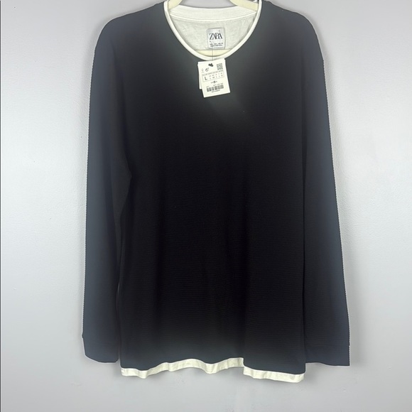 Zara Black and White Trim Mock-Neck Long Sleeve Tee Size Large - Picture 2 of 11